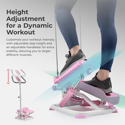 Sunny Health & Fitness Total Body 2-in-1 Smart Stepper Machine for Home with Handlebar and Resistance Bands, Total Body Workout, Adjustable Hydraulic, LCD Monitor, Non-Slip Pedals – 330 LB Max Weight