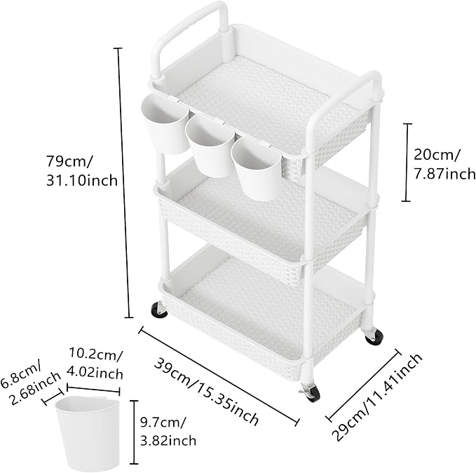 MOYIPIN 3-Tier Plastic Rolling Utility Cart with Handle,Utility Storage Cart for Office, Living Room, Kitchen,Movable Storage Organizer Shelves,White with 4 Hanging Cups