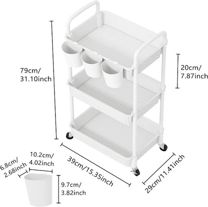 MOYIPIN 3-Tier Plastic Rolling Utility Cart with Handle,Utility Storage Cart for Office, Living Room, Kitchen,Movable Storage Organizer Shelves,White with 4 Hanging Cups