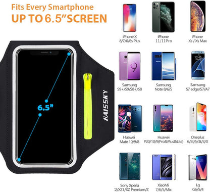 Running Armband with Earphone Bag Cell Phone Armband for iPhone 16 15 Pro 14 Plus 13 11 XR XS, Galaxy S24/S10 Water Resistant Sports Phone Holder Case & Zipper Slot Car Key Holder for 6.7 inch Phone