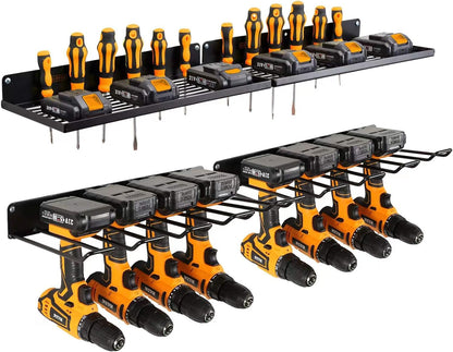 Power Tool Organizer with Charging Station, Drill Holder, Wall Mount, Garage Storage Shelves, Heavy Duty Pegboard Wall Organizer Set, Solid Metal, Black, 2 Pack, 4 Set