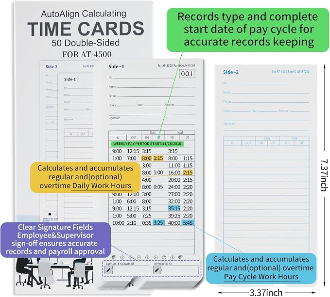 AT-4500 Time Clock Cards, 600 Pack with 2 Ink Ribbons