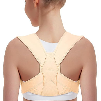 Posture Corrector for Women and Men, Adjustable Upper Back Brace for Clavicle Support and Providing Pain Relief from Neck, Shoulder, and Upper Back (Beige, Small/Medium)