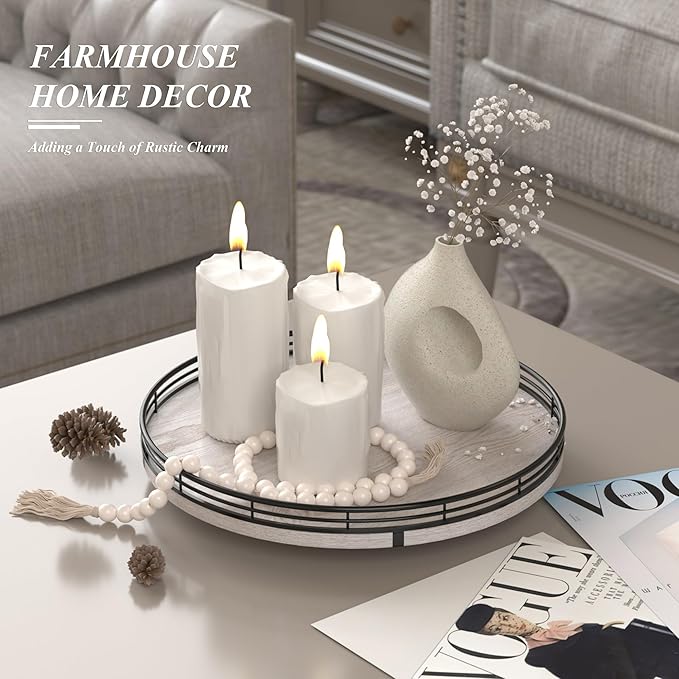 12" Farmhouse Lazy Susan for Kitchen & Coffee Table Decor – Rustic Whitewashed Wood Tray with Black Metal Frame, Decorative Centerpiece for Dining Room, Ottoman, Living Room, Serving or Vanity Use