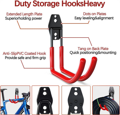 3-H Large Garden Hose Holder Wall Mount 4 Pack,Solid Steel Hose Hanger,Water Hose Holders for Outside,Perfect for Hanging Outdoor Air Hose,Ropes,Pipes,Garden Tools,Ladders,Bikes,Bulk Items(Red)