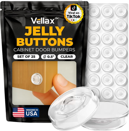25 Clear Silicone Cabinet Door Bumpers – Self-Adhesive Pads, Quiet Soft Close Drawer Stoppers, Kitchen Sound Dampening Jelly Buttons – Vellax