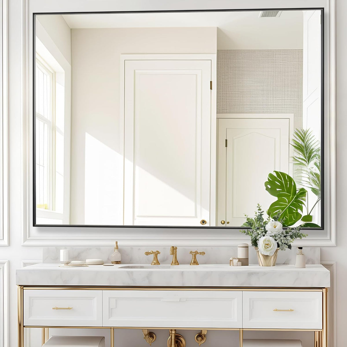 36x48 Inch Black Bathroom Mirror for Wall, Aluminum Frame Rectangle Rectangular Vanity Mirror, Modern Large for Bedroom, Living Room, Horizontal or Vertical