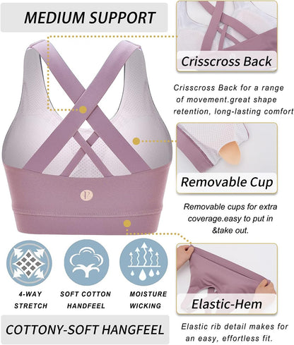 RUNNING GIRL Sports Bra for Women, Criss-Cross Back Padded Strappy Sports Bras Medium Support Yoga Bra with Removable Cups