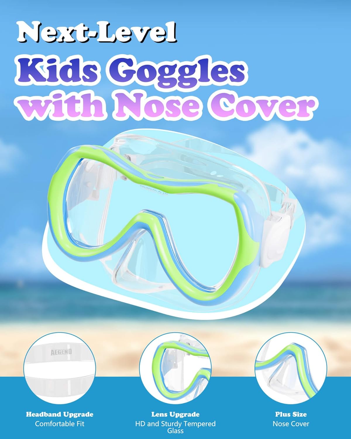 Aegend Kids Swim Mask Goggles, Tempered Glass 180° HD Wide View with Nose Cover