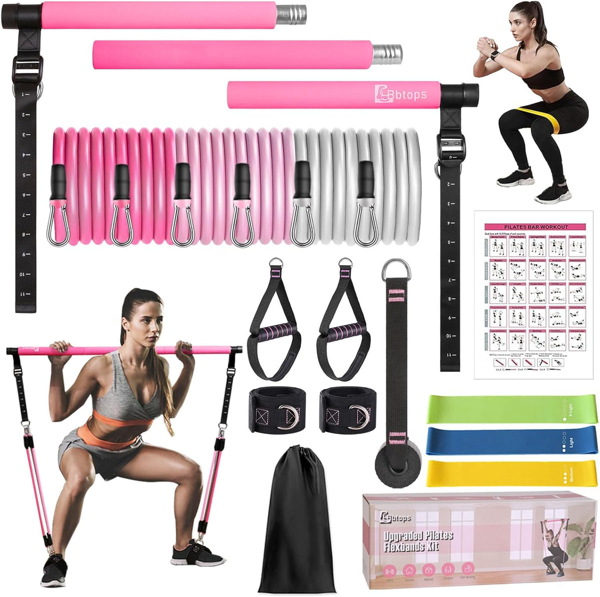 Pilates Bar Kit with Resistance Bands,Pilates Bar with Stackable Bands Workout Equipment for Legs,Hip,Waist and Arm,Exercise Fitness Equipment for Women & Men Home Gym Yoga Pilates