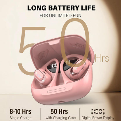 Open Ear Headphones, Bluetooth 5.4 Headphones Sports, Premium Sound with HD Mic Wireless Earbuds, 48H Playtime LED Power Display Ear Buds, IPX7 Lightweight Comfort Earphones for Running, Pink