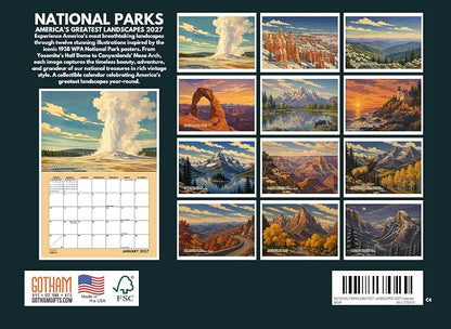 National Parks Vintage Travel Poster Calendar 2027 Monthly Wall Calender 12 Month | American Made In The USA