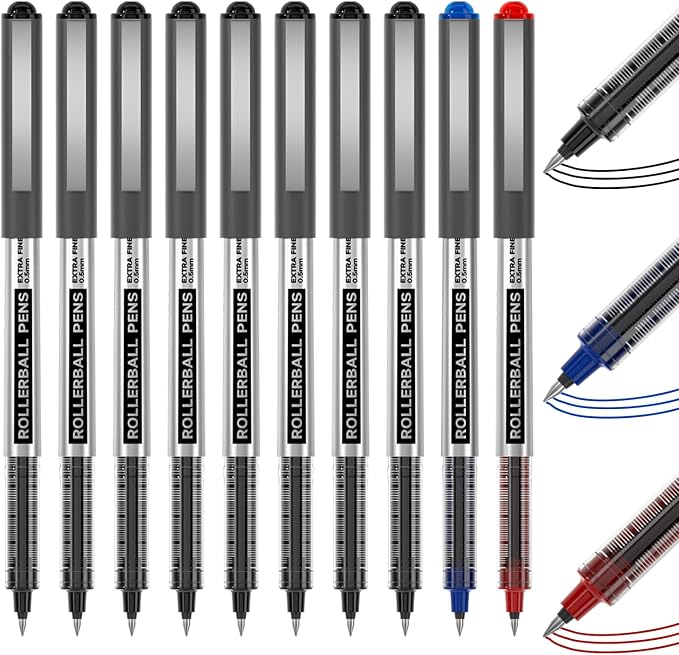 Shuttle Art Rollerball Pens, 10 Pack(8 black 1 blue 1 red) Liquid Ink Pens, 0.5mm Extra Fine Point, Quick Drying for Writing Journaling Taking Notes School Office