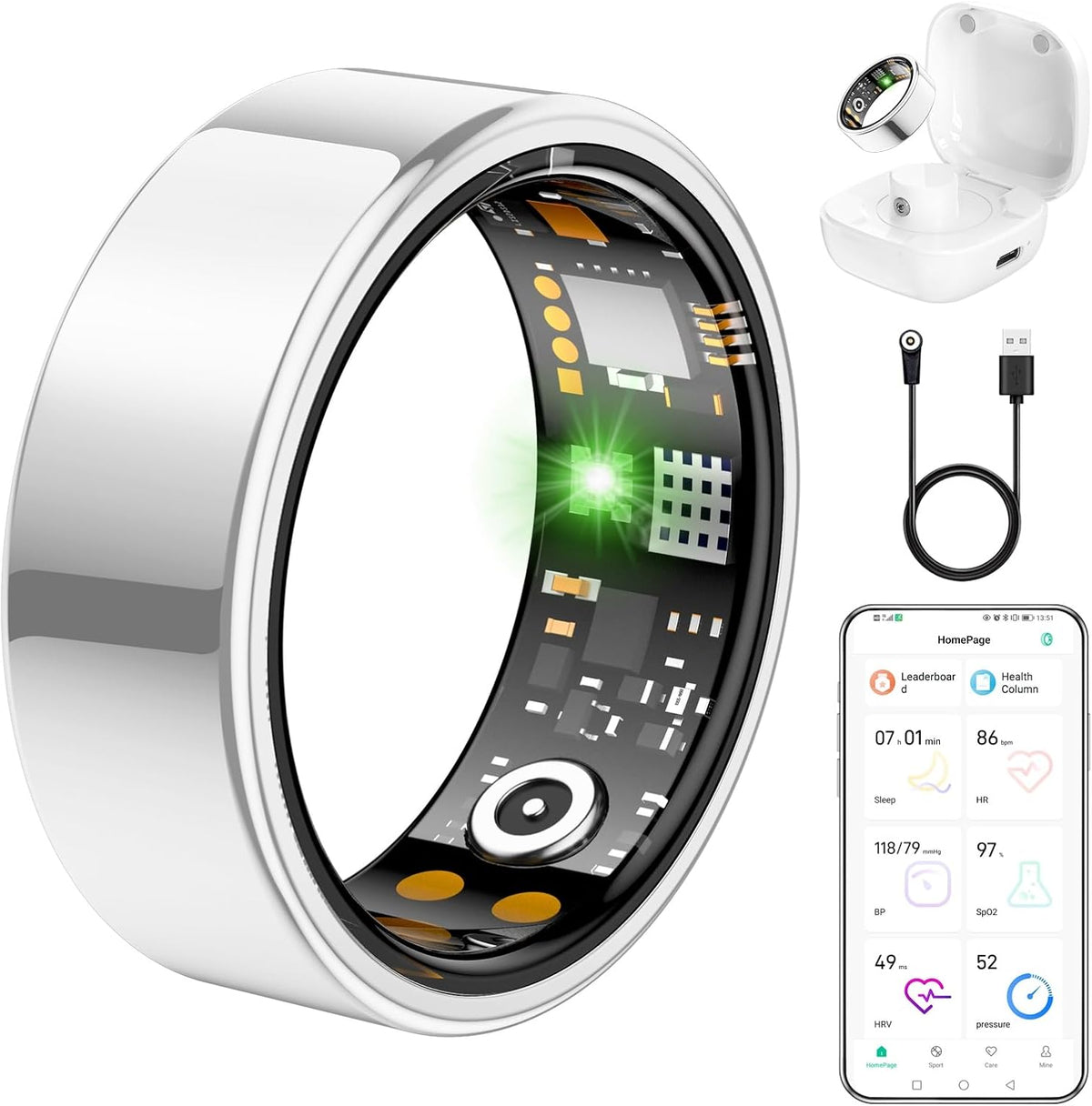 Ring Health Tracker for Women Men, Fit Ring with Heart Rate, Blood Oxygen, Sleep Monitor, Calories, Step Counter, IP68 Waterproof Smart Ring for iPhone & Android, No Subscription Fee (Silver, 8#)