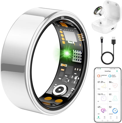 Ring Health Tracker for Women Men, Fit Ring with Heart Rate, Blood Oxygen, Sleep Monitor, Calories, Step Counter, IP68 Waterproof Smart Ring for iPhone & Android, No Subscription Fee (Silver, 10#)