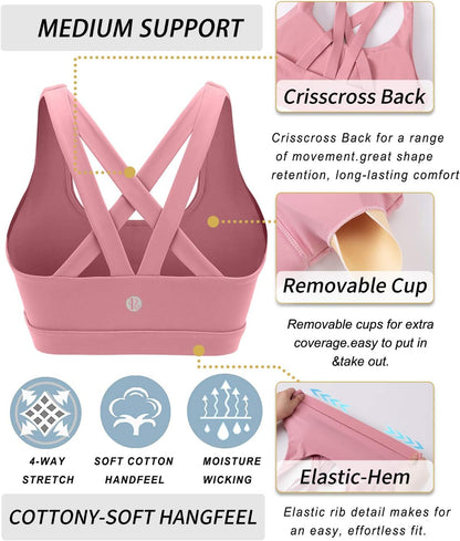 RUNNING GIRL Sports Bra for Women, Criss-Cross Back Padded Strappy Sports Bras Medium Support Yoga Bra with Removable Cups