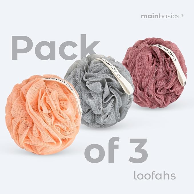 MainBasics Bath Shower Loofah Sponge Pouf Body Scrubber Exfoliator Body Wash Sponge (Set of 3, Coral Reef)