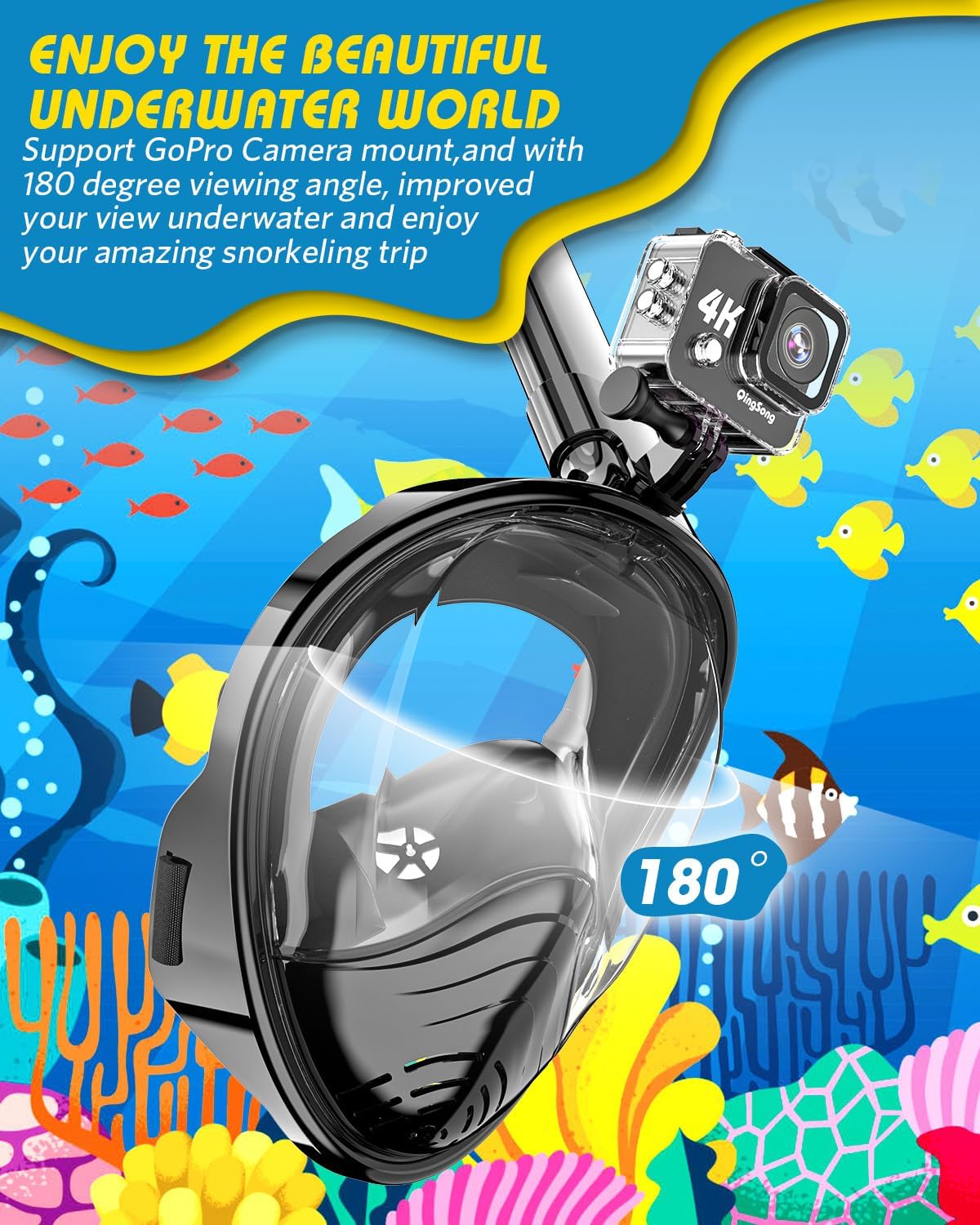 QingSong Kids Snorkel Mask Full Face, Snorkeling Set with Camera Mount, Foldable 180 Degree Panoramic View Snorkeling Gear Anti-Fog Anti-Leak