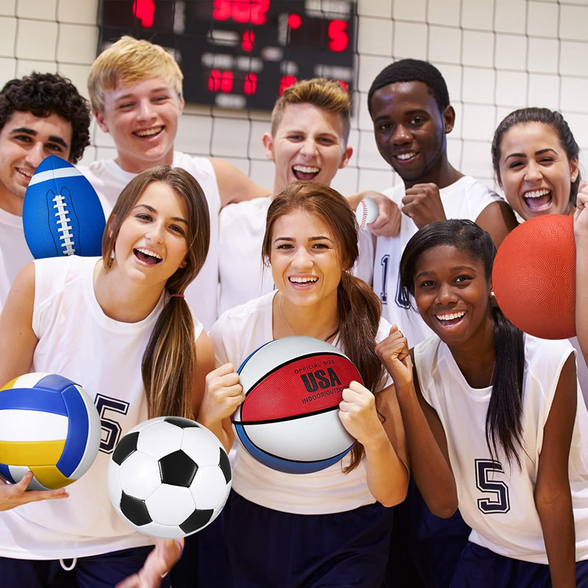 Libima 6 Pcs Multi Sport Ball Set Official Size Football, Basketball, Soccer, Volleyball, Playground Ball, Baseball with Sports Equipment Bag Pump for Teen Adult Christmas School Gift