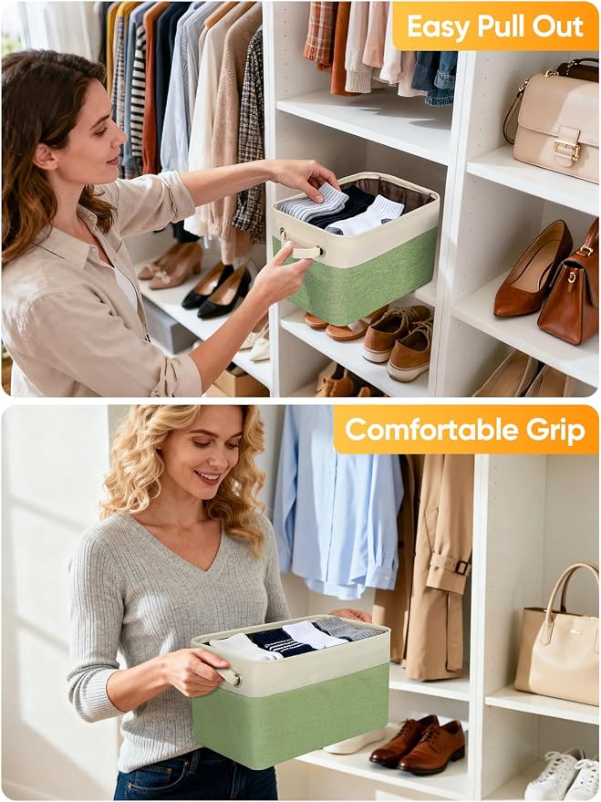 BALEINE 3 Pack Fabric Closet Storage Bins for Shelves, Linen Closet Organizers and Storage, Decorative Baskets for Organizing, Shelf, Clothes, Home, Office (Green, 15''x11''x9.5'')