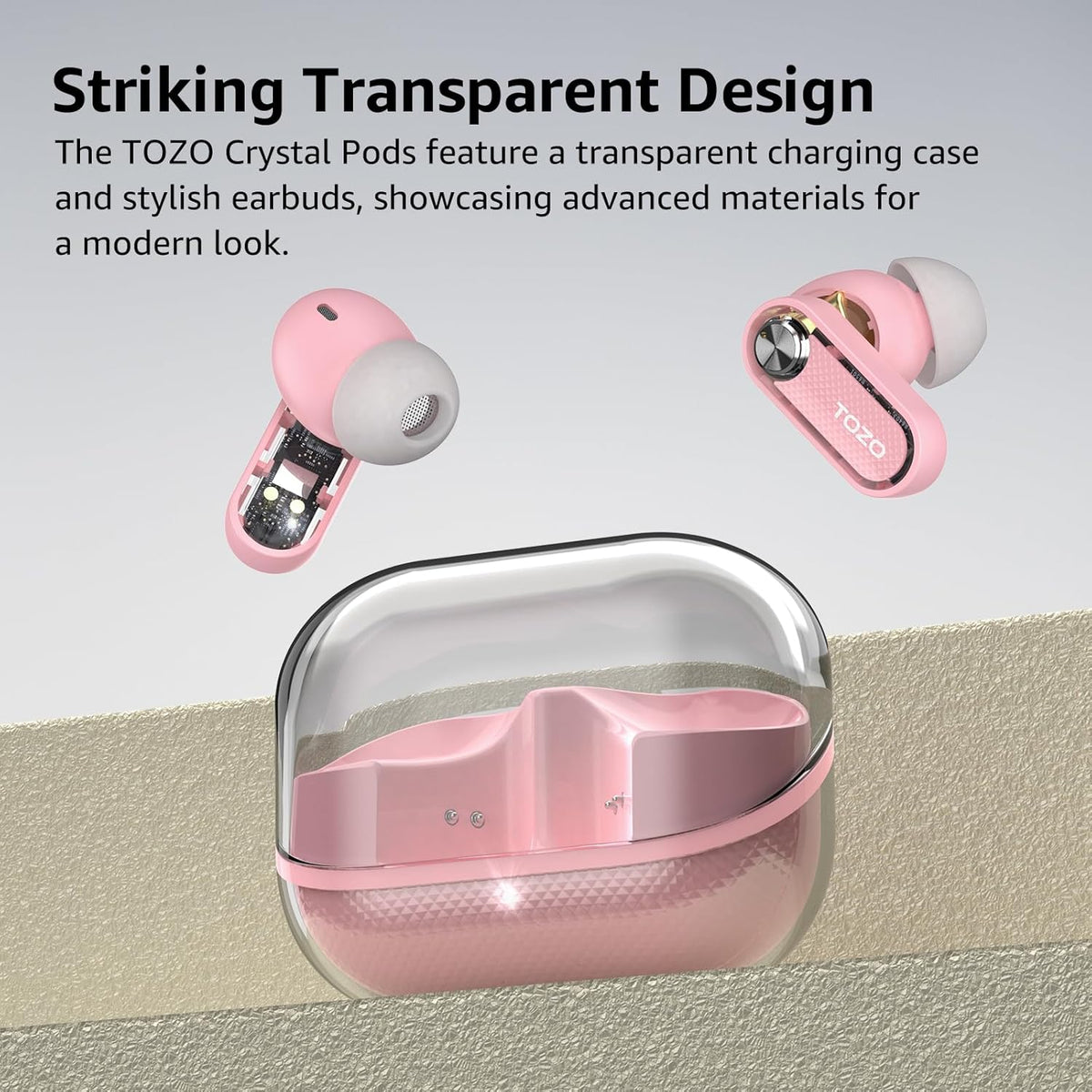 TOZO Crystal Pods Hybrid Active Noise Cancelling Wireless Earbuds, 10mm Drivers Deep Bass Stereo Sound, 4 Mics Smart ENC AI Calls, 32 EQ via App, Bluetooth 5.4 Headphones, Crystal Case Design