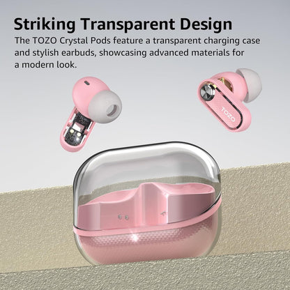 TOZO Crystal Pods Hybrid Active Noise Cancelling Wireless Earbuds, 10mm Drivers Deep Bass Stereo Sound, 4 Mics Smart ENC AI Calls, 32 EQ via App, Bluetooth 5.4 Headphones, Crystal Case Design
