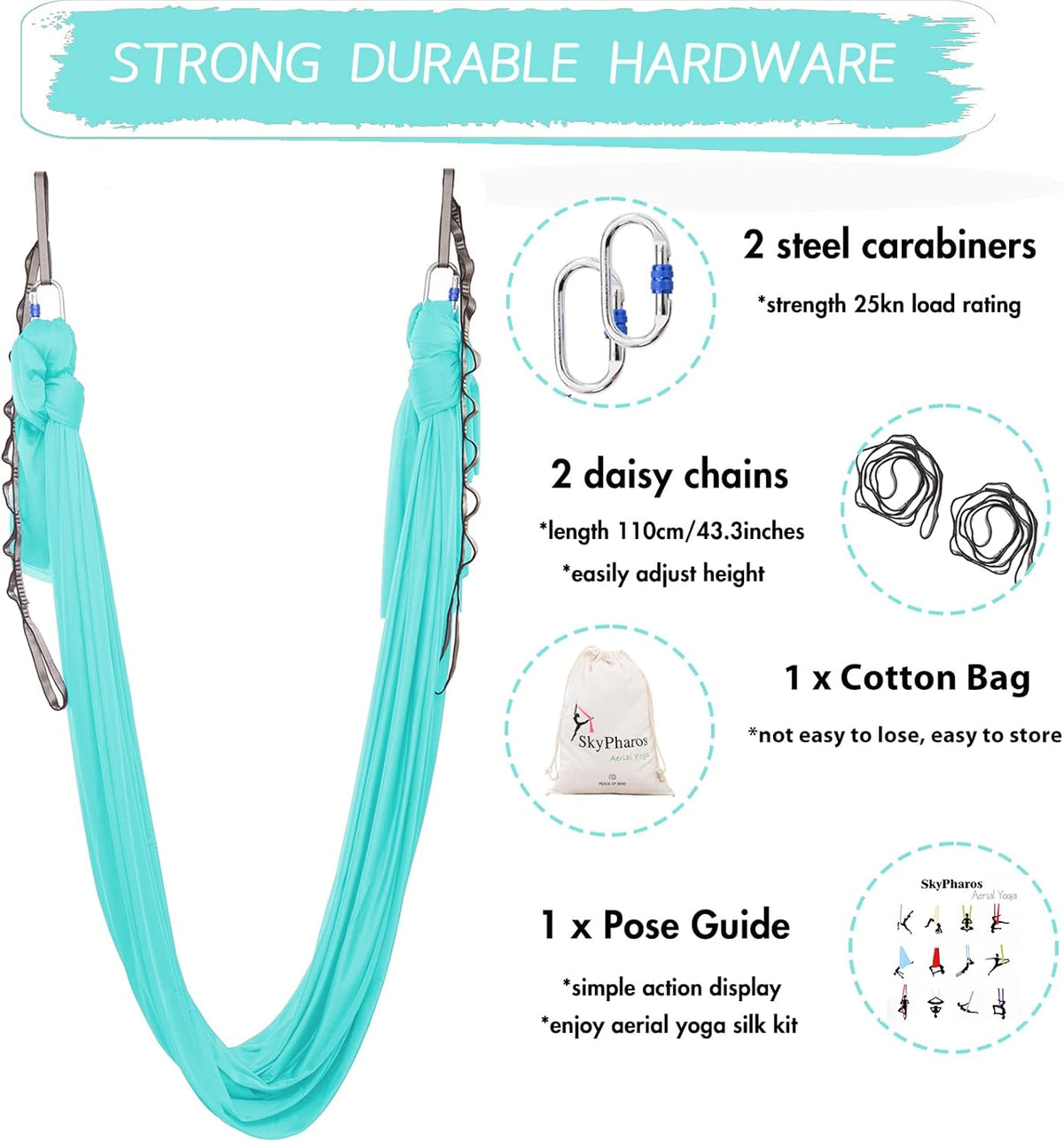 5.5 Yards Aerial Silks Yoga Swing Set - Aerial Yoga Hammock Kit Anti-Gravity Flying for Fitness, Low/Non Stretch Nylon Tricot Fabric Hardware Included for Dance