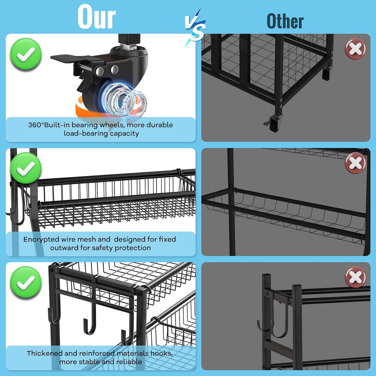 WUC Sports Equipment Organizer - Garage Ball Storage Rack with Basket, Hooks and Rolling Cart for Toy Sports Gear Storage, Black