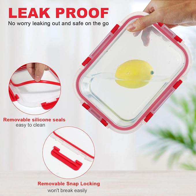 KOMUEE 30 Pieces Glass Food Storage Containers Set, Meal Prep Containers Set with Snap Locking Lids, Airtight Glass Lunch Containers, Microwave, Oven, Freezer & Dishwasher, Red