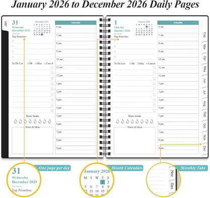 Daily Planner 2026 Full Page Per Day- 2026 Daily & Monthly Planner from January 2026 to December 2026, Day Planner 2026 with 12 Months Tabs, 6.4" x 8,5", Black