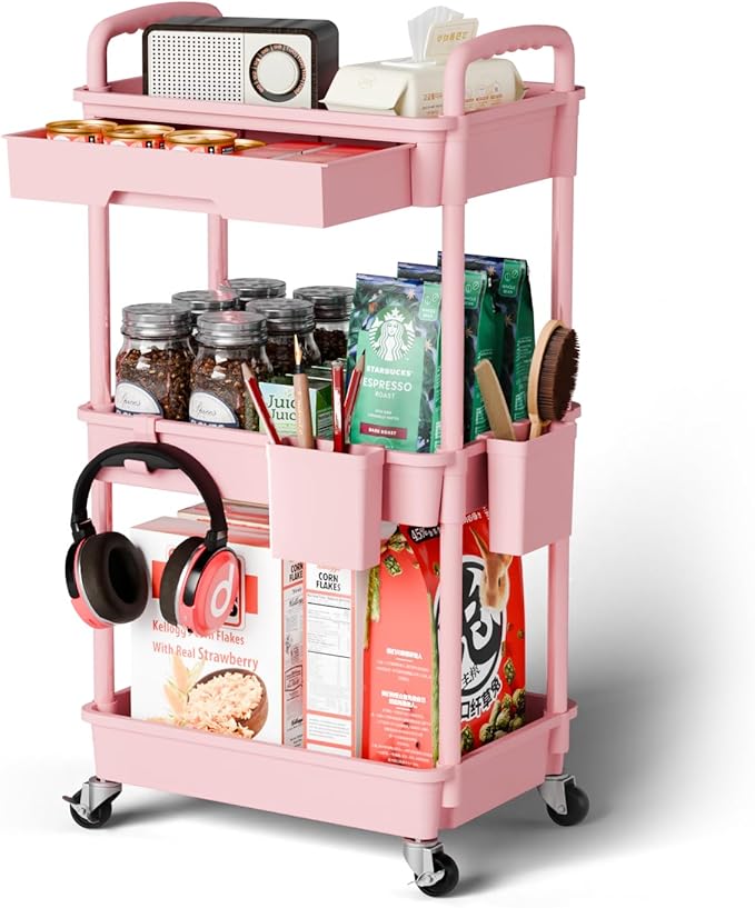 Sorgion 3 Tier Rolling Cart Organizer,Laundry Room Bathroom Organizers and Storage Office Shelves Mobile Shelving Unit Kitchen Trolley Cart with Wheels for Art,Craft,Diaper,Bedside,Snack(Pink)