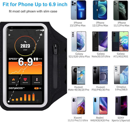 Running Armband with Earphone Bag Cell Phone Armband for iPhone 16 15 Pro 14 Plus 13 11 XR XS, Galaxy S24/S10 Water Resistant Sports Phone Holder Case & Zipper Slot Car Key Holder for 6.9 inch Phone