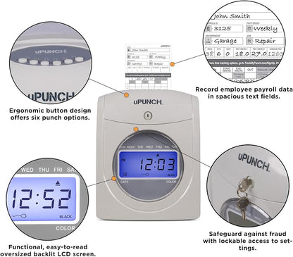 uPunch HN2500 Calculating Time Clock Bundle for Small Business: Auto Align Employee Time Tracking System with 100 Time Cards, Ribbon, and Keys