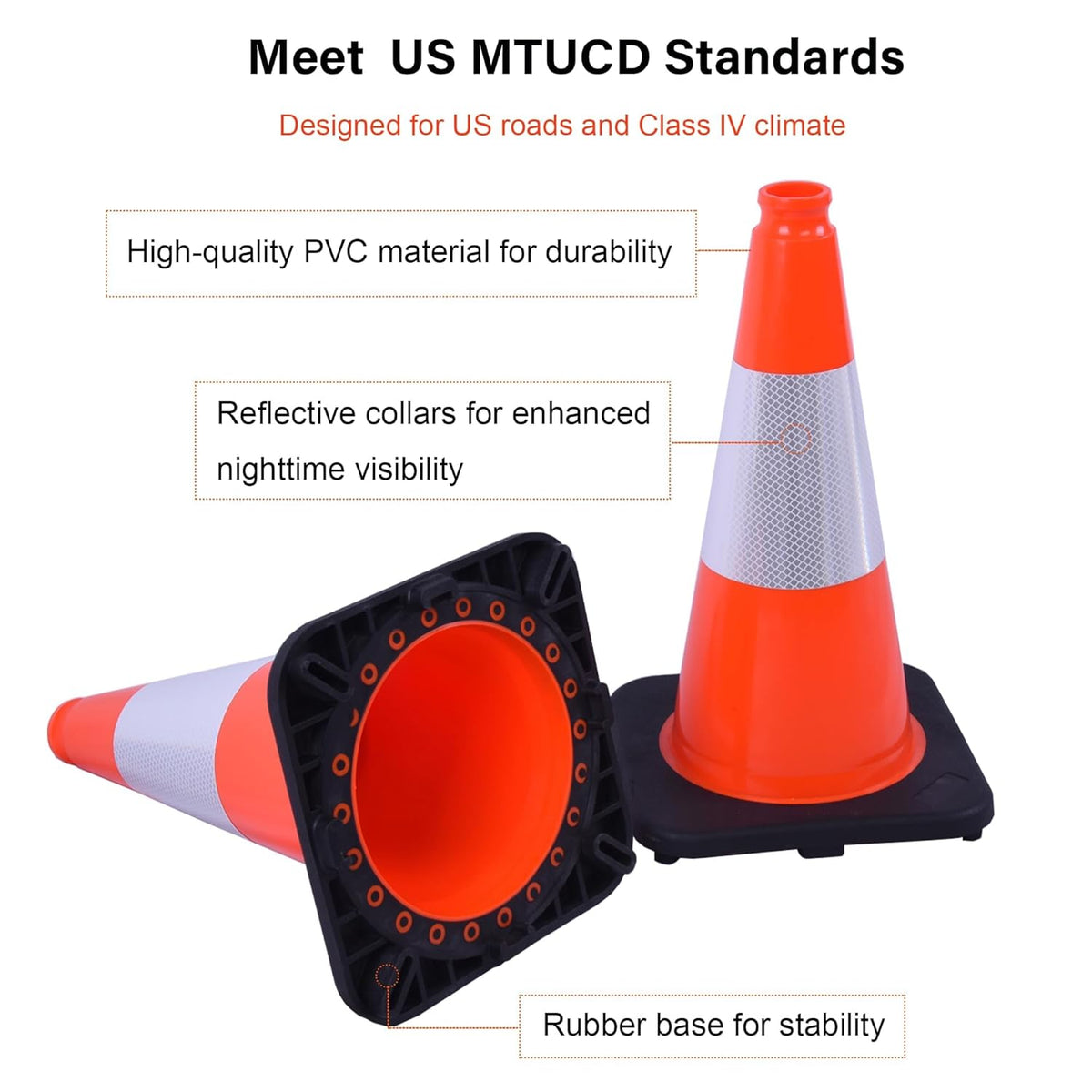 OrangeStar 4-Pack 18" Traffic Cones with Weighted Rubber Base, 6" Reflective Collar, Orange Safety Cones for Parking Lot, Road Construction, Warehouse, Highway, Weatherproof PVC