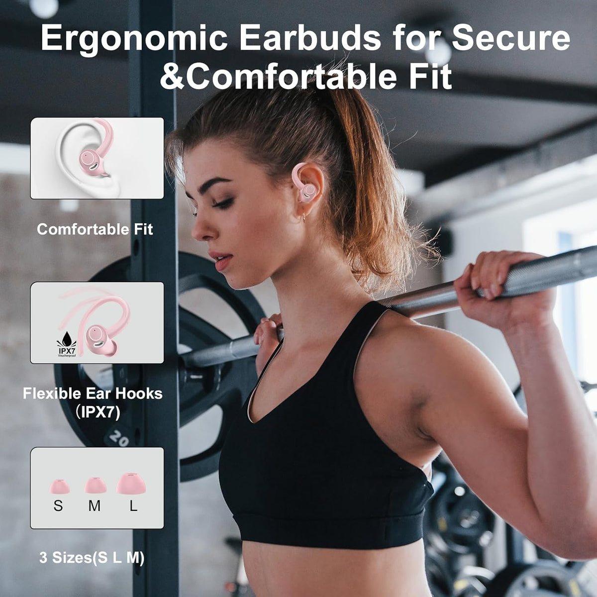 Wireless Earbuds Bluetooth 5.3 Headphones Sports, 48Hrs Playtime Bluetooth Earbuds with CVC 8.0 Mic, 2025 Stereo Bass Over Ear Bud with Earhooks, LED Display, IP7 Waterproof Earphon for Running Rose