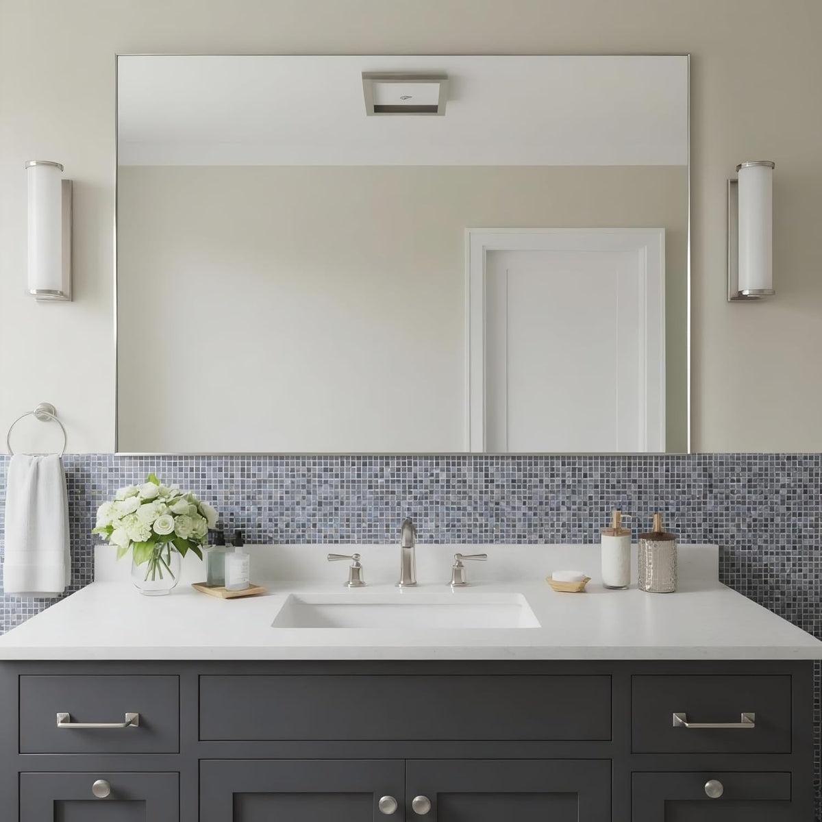 27x36 Inch Nickel Bathroom Mirror for Wall, Aluminum Frame Rectangle Rectangular Vanity Mirror, Modern Large for Bedroom, Living Room, Horizontal or Vertical