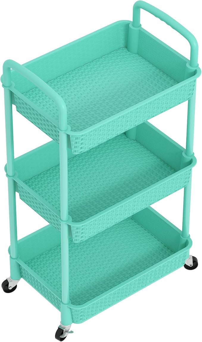 MOYIPIN 3-Tier Plastic Rolling Utility Cart with Handle,Utility Storage Cart for Office, Living Room, Kitchen,Movable Storage Organizer Shelves,Turquoise