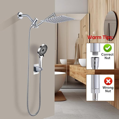 Shower Head,10”Rain Shower Head with Handheld Spray Combo and Adjustable Extension Arm/3-Way Flow Regulator/Shower System,High Pressure Rain Fall Hose,Chrome