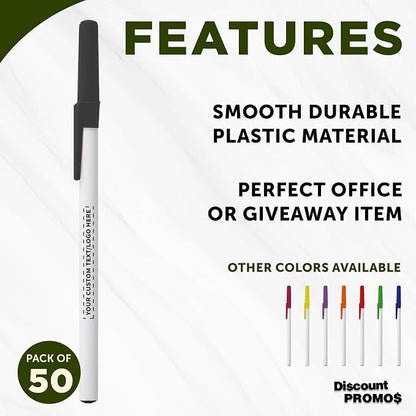 DISCOUNT PROMOS Custom Value Stick Pens Set of 50, Personalized Bulk Pack - Blue Ink, Great for Office, School, Business, Tradeshows, Events - Black Cap