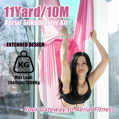 Aerial Silks Kit & Aerial Yoga Hammock - 11Yd Premium Fabric Hardware - Easy Setup for Flying Yoga, Aerial Swing & Fitness - Supports Up to 14ft Rigging