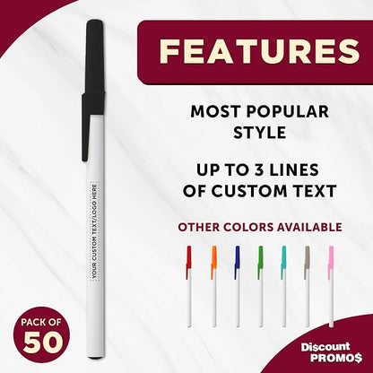 DISCOUNT PROMOS Custom Value Stick Pens Set of 50, Personalized Bulk Pack - Black Ink, Great for Office, School, Business, Tradeshows, Events - Black
