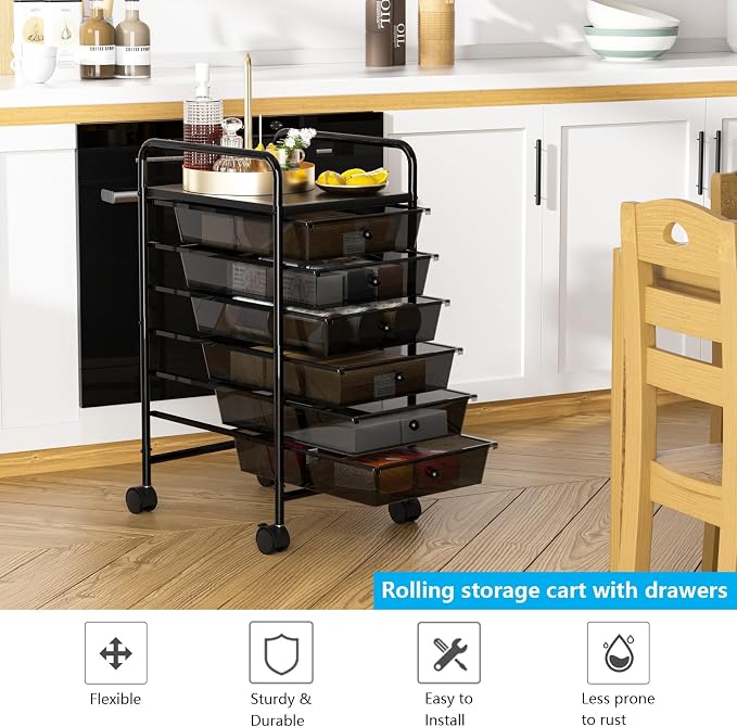 Rolling Cart with Drawers, 6-Tier Rolling Storage Cart with Drawers, Rolling Utility Cart with 6 Drawers with 2 Lockable Caster Wheels for Office Bathroom Kitchen, Transparent Black