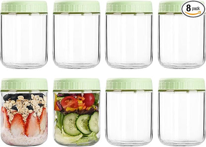 SHOWIN Overnight Oats Containers with Lids, 16oz Glass Jars with Lids 8 pcs, Light Green, Wide Mouth Mason jars for Salad, Yogurt, Snacks, Meal Prep