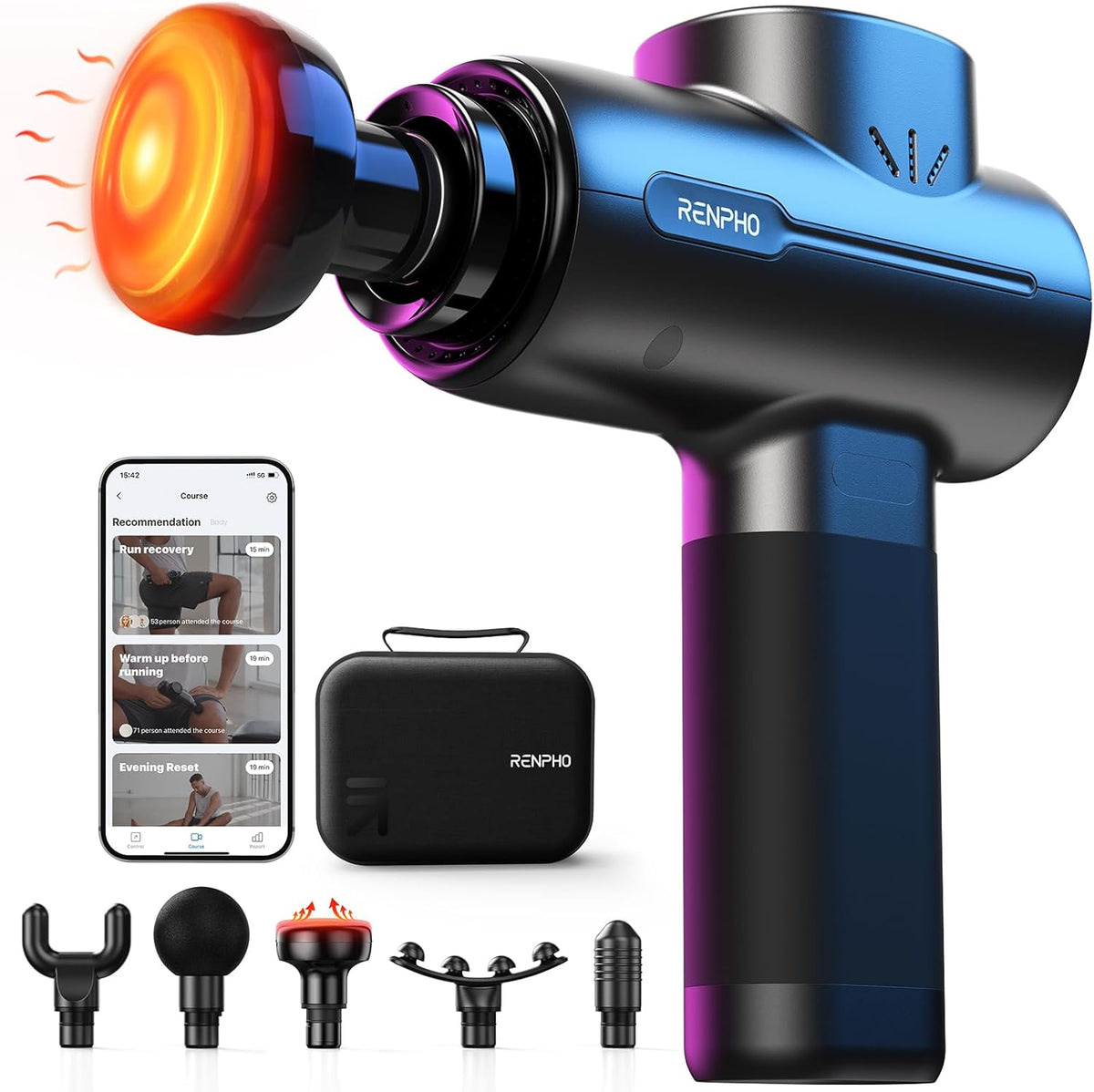 RENPHO Massage Gun with Heat, Portable Percussion Massager with Bluetooth for Back and Neck, Gifts for Men and Women, Carry Case, Active+ Thermal