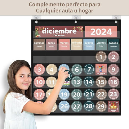 Boczif Monthly Calendar Pocket Chart for Classroom(Spanish Black)