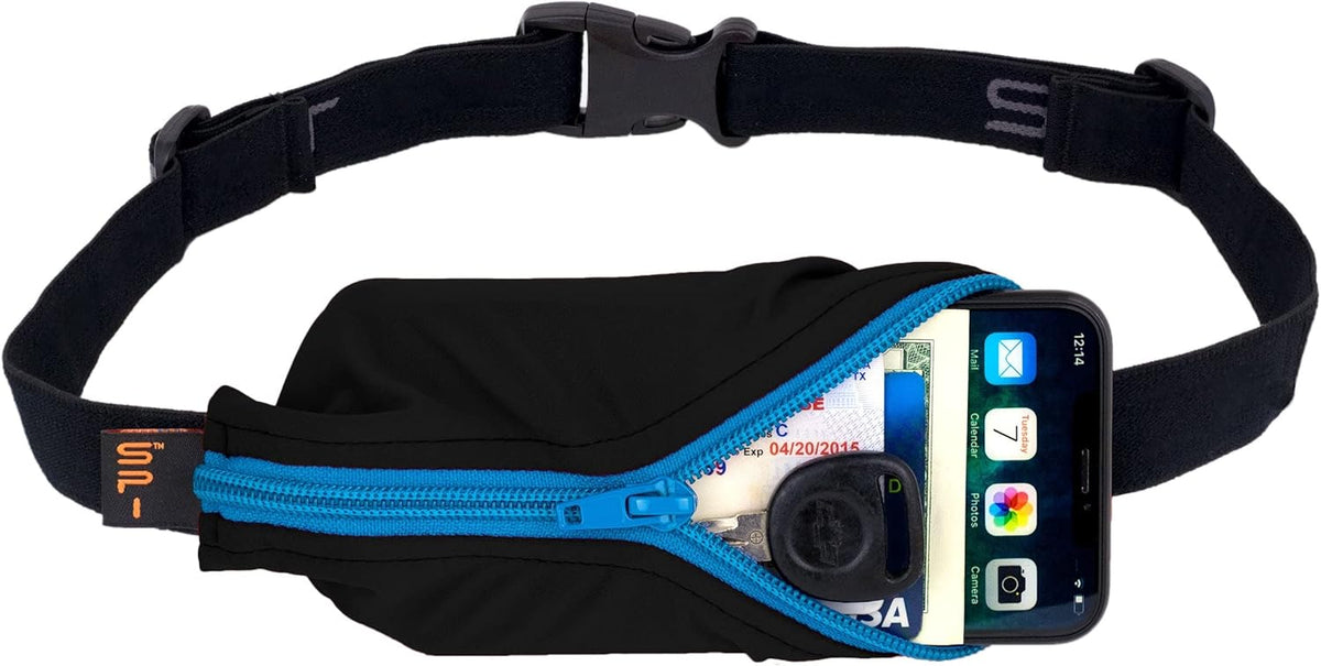 SPIbelt Running Belt for Women Men, Phone Holder for Running, Running Fanny Pack, Holder for Phone, Running Waist Pack, Adjustable Waist, [Fits All Phones]. Black with Turquoise Zipper