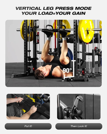 Mikolo Smith Machine, Multi-Function Power Cage with Dual Pulley System, Vertical Leg Press Attachment, Squat Rack Power Rack with More Training Attachment for Home Gym