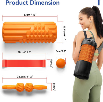 5 in 1 Foam Roller Set - Deep Tissue Foam Roller, Muscle Roller Stick, Massage Ball, Resistance Band for Physical Therapy & Deep Tissue Muscle Massage (Orange)