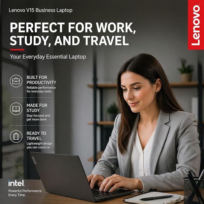 Lenovo V15 Business Laptop, Intel N150 Quad-Core Processor, 15.6" FHD Display, 16GB DDR5 RAM, 512GB NVMe SSD, Wi-Fi 6, Ethernet RJ-45, Dolby Audio, Windows 11 Pro, Business Black