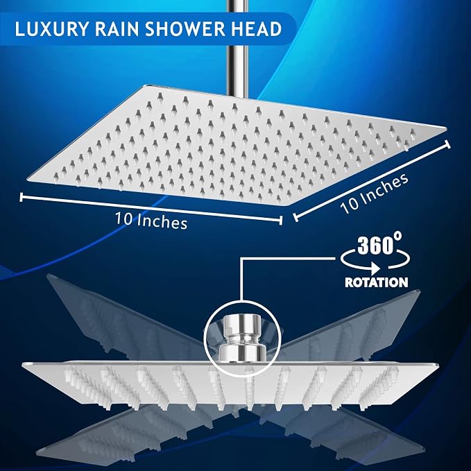Voolan Rain Shower head, High Pressure Shower Head Made of 304 Stainless Steel, Relaxed Shower Experience Even at Low Water Flow and Pressure (10" Chrome)